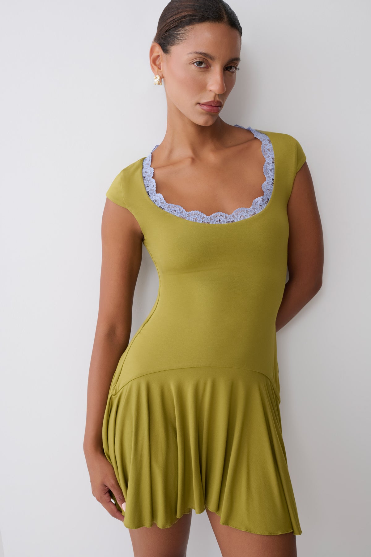 Gardenia Lace Trim Scoop Neck Mini Dress - Olive/Cornflower #3