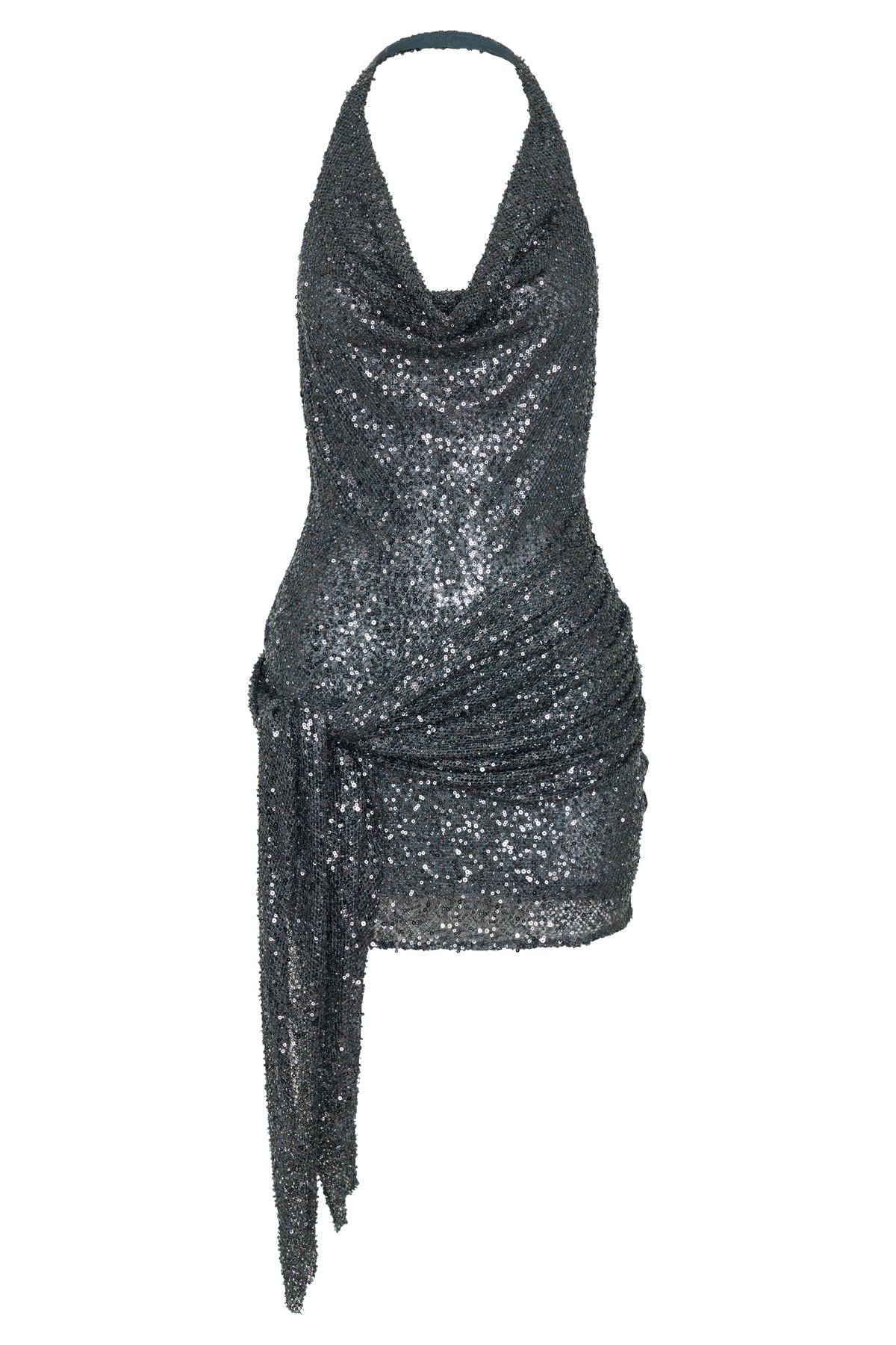 Alison Beaded Sheer Cowl Mini Dress - Charcoal