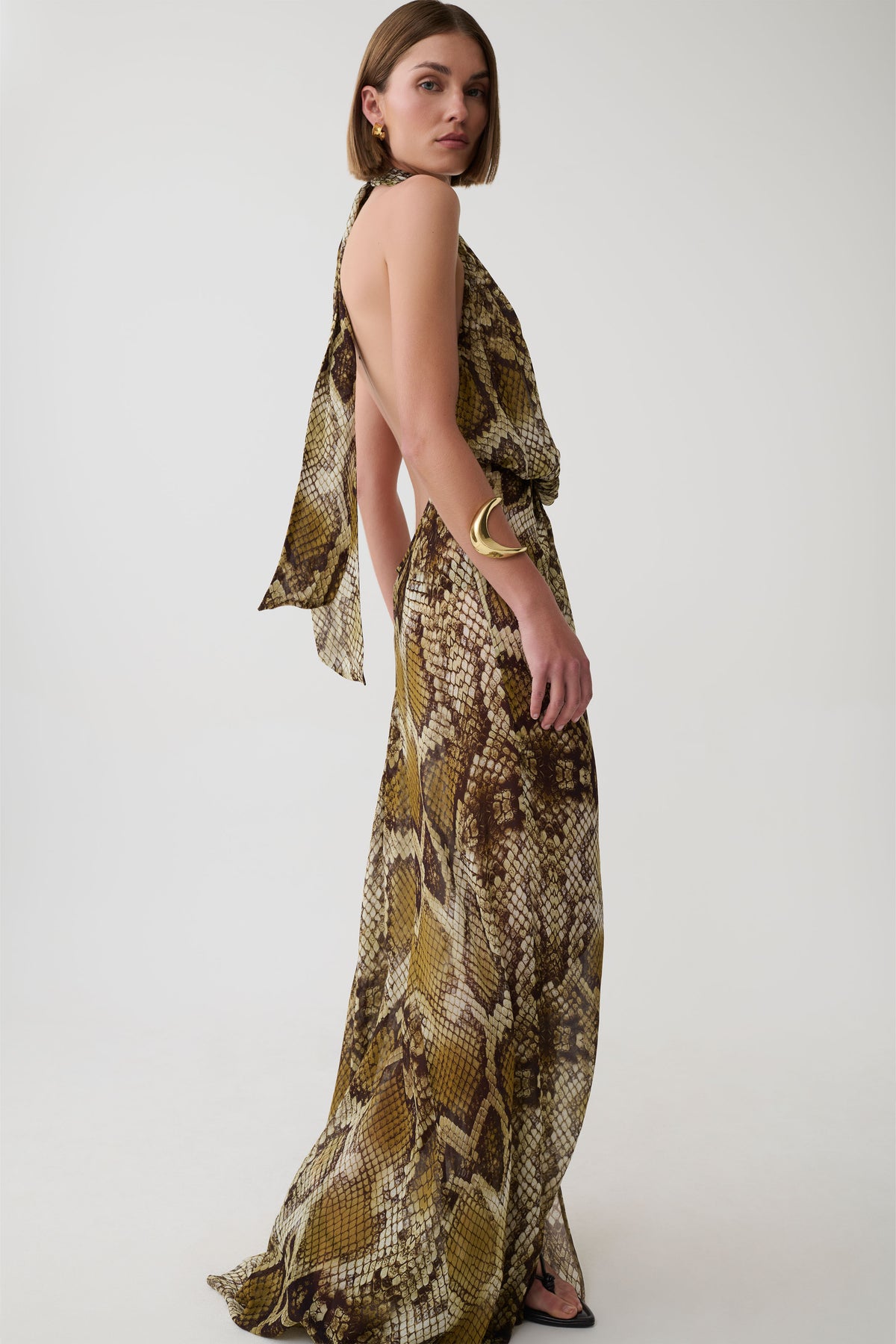 Eliana Tie Back Chiffon Maxi Dress - Snake Print