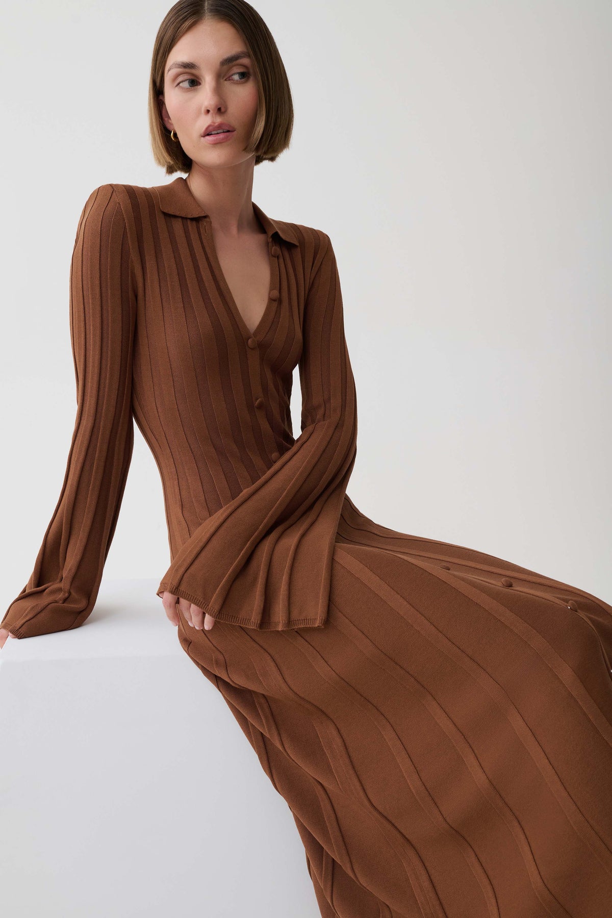 Maddie Long Sleeve Knit Midi Dress - Mocha