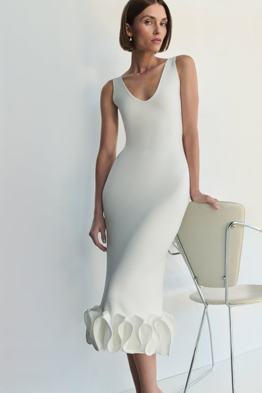 Wendy Wire Hem Knit Midi Dress- White