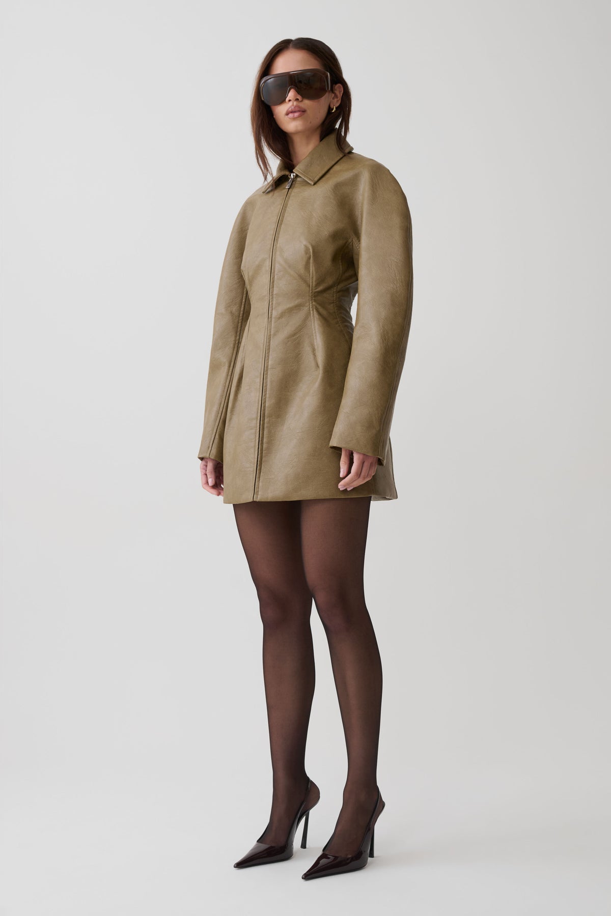 Jordana Faux Leather Mini Dress - Khaki
