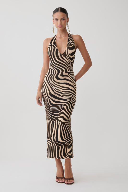 Darla Deep V Knit Midi Dress - Zebra Print