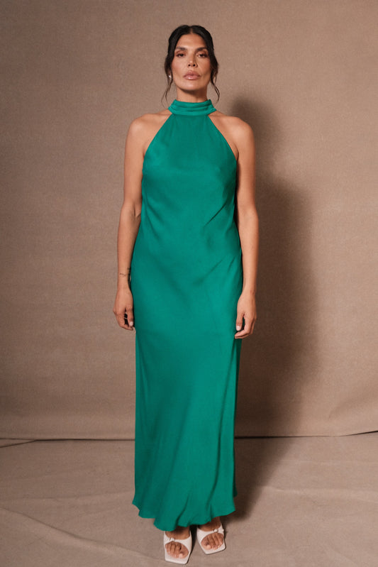 meshki claire dress green Claire Satin Drape Back Maxi Dress with Split - Green