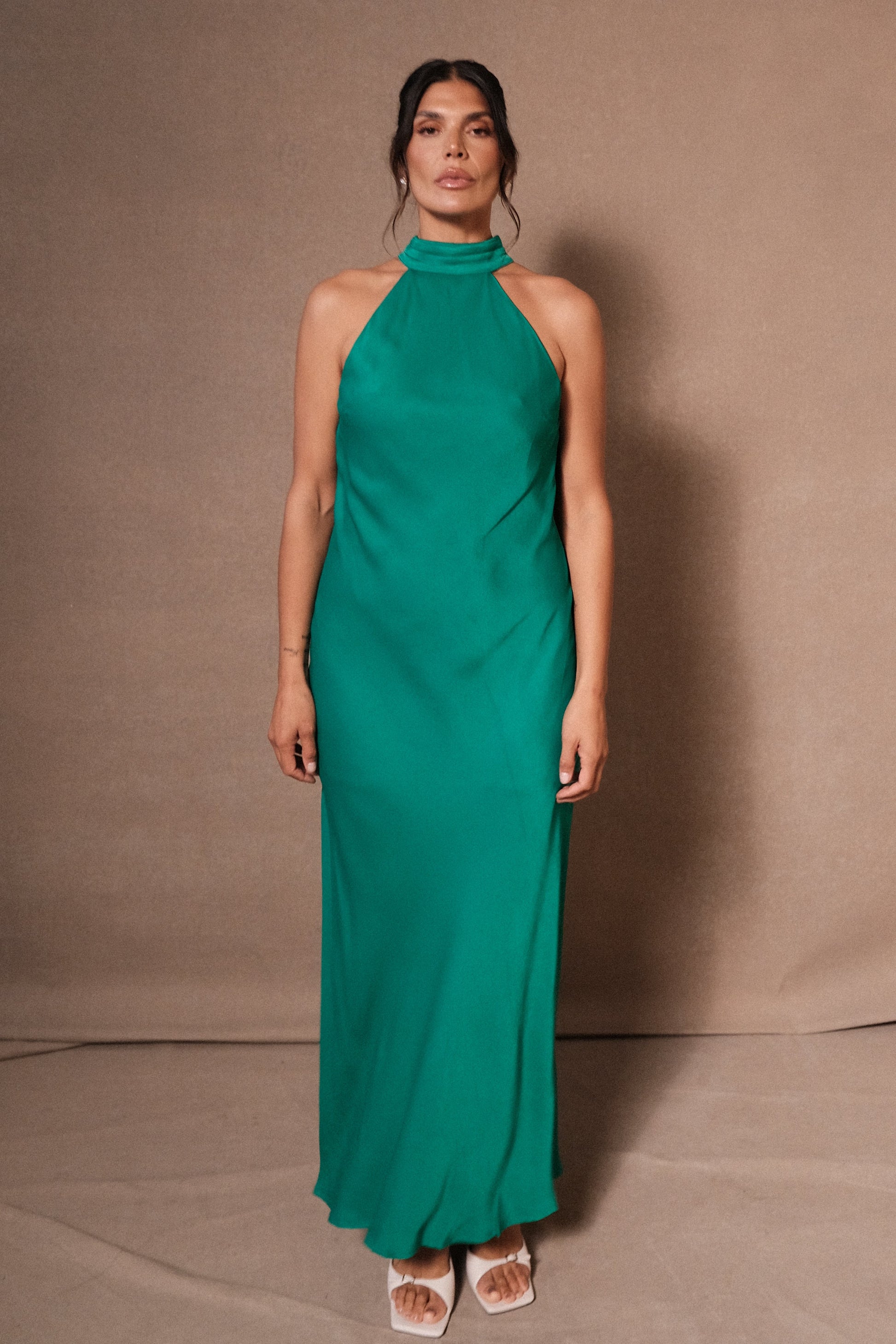 Claire Satin Drape Back Maxi Dress with Split - Green | MESHKI Claire Satin Drape Back Maxi Dress with Split - Green | MESHKI