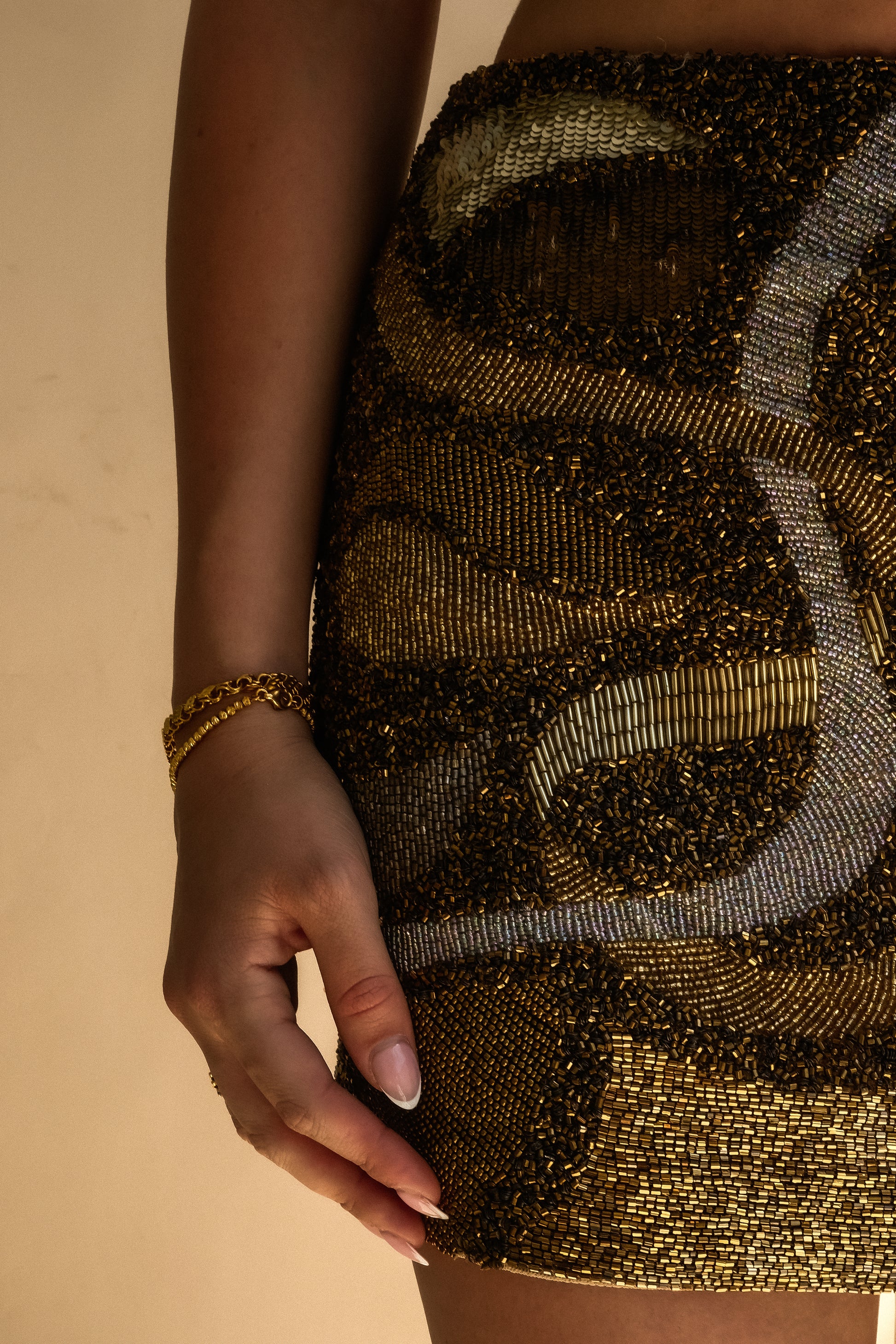 Asher Hand Beaded Abstract Mini Skirt - Gold #8