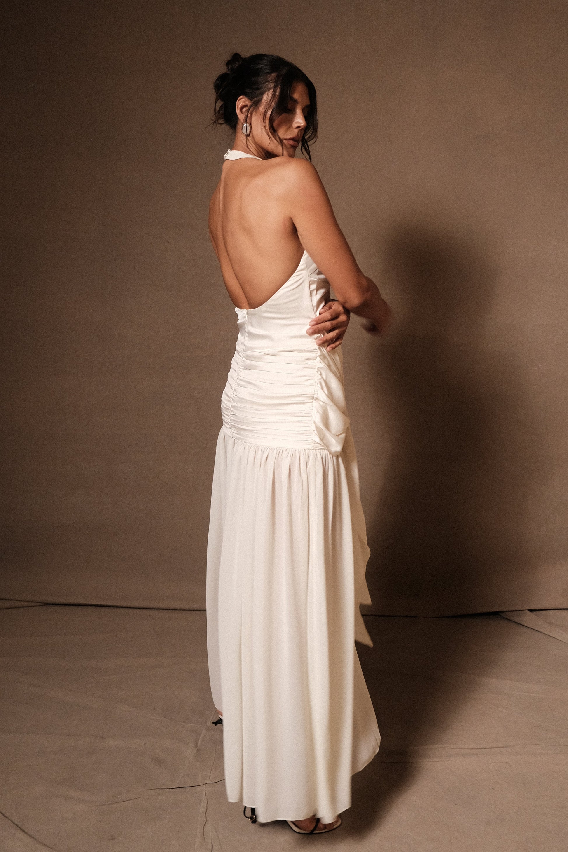 Graziana Satin Chiffon Plunge Maxi Dress - Ivory | MESHKI Graziana Satin Chiffon Plunge Maxi Dress - Ivory | MESHKI