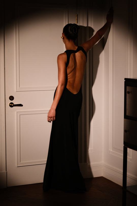 Louise  Slinky Backless Maxi Dress - Black - View 1 | Shop Formal Dress
