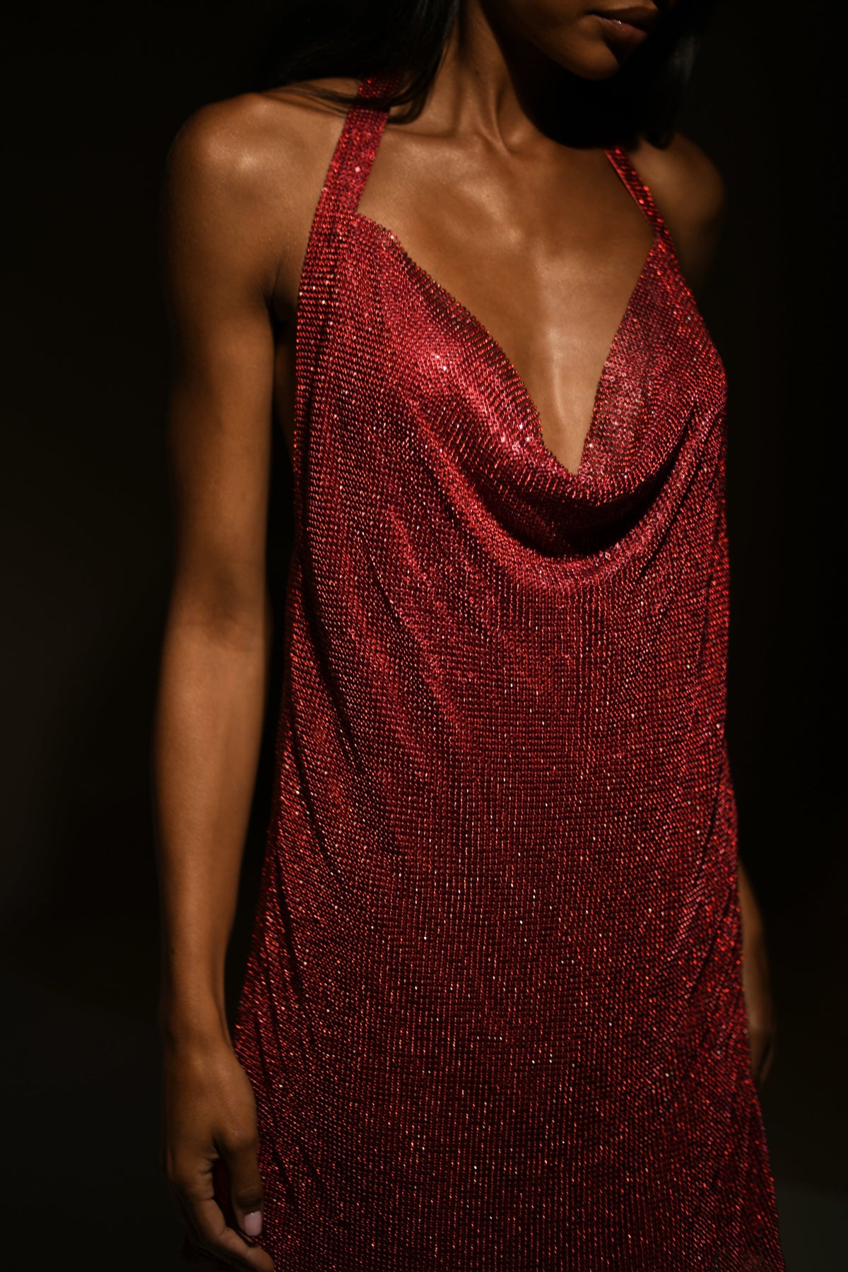 Meilani Low Back Diamante Mesh Mini Dress - Red