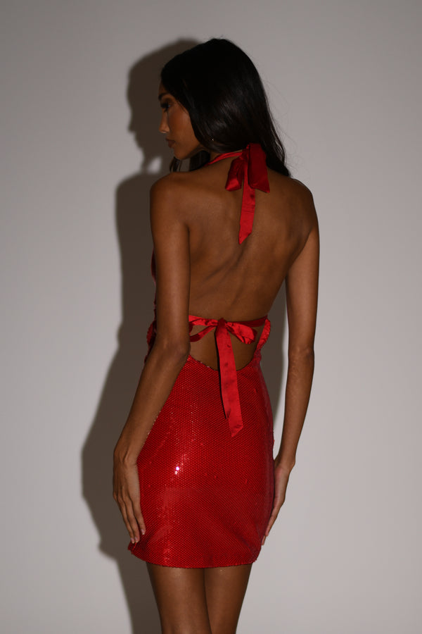 Carleigh Sequin Halter Mini Dress - Red