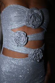 Korinna Strapless Rose Diamante Mini Dress - Silver