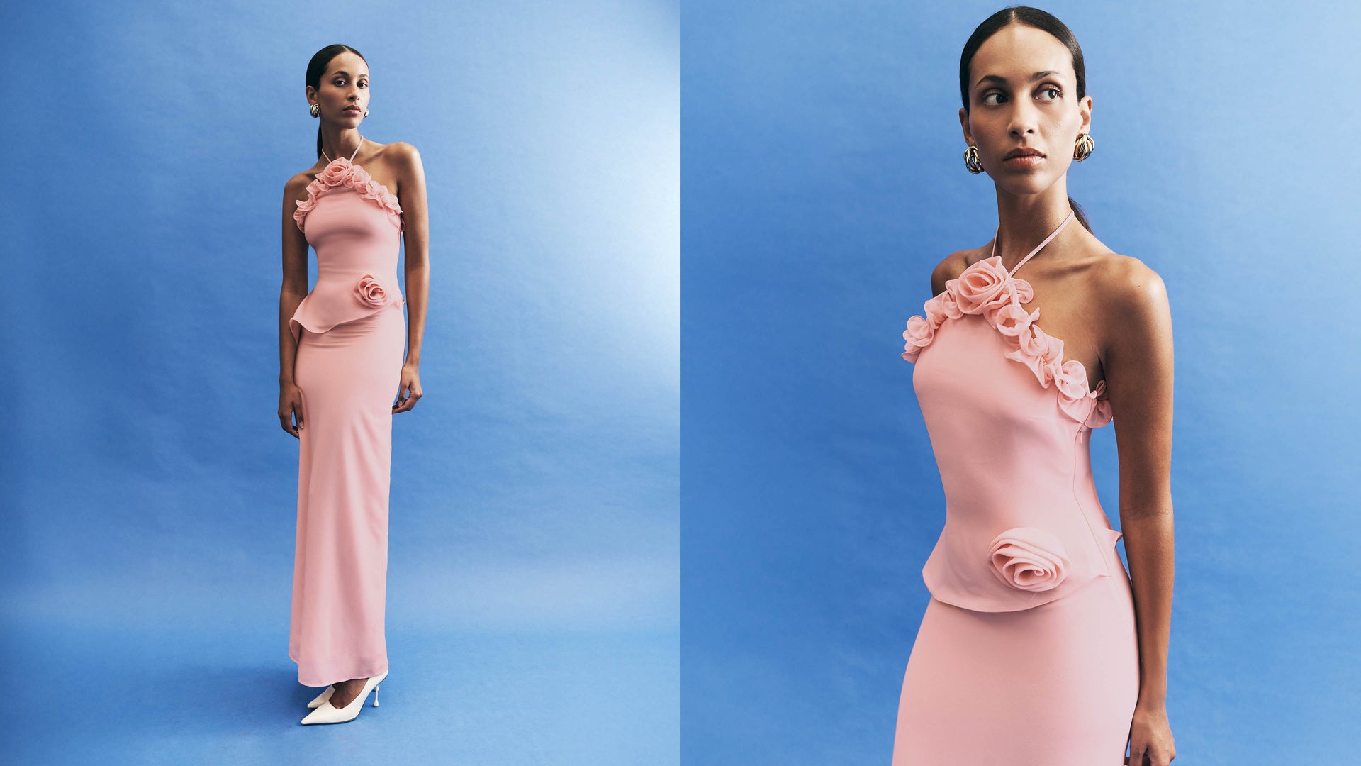 Woman wearing a pink maxi with floral detailing.