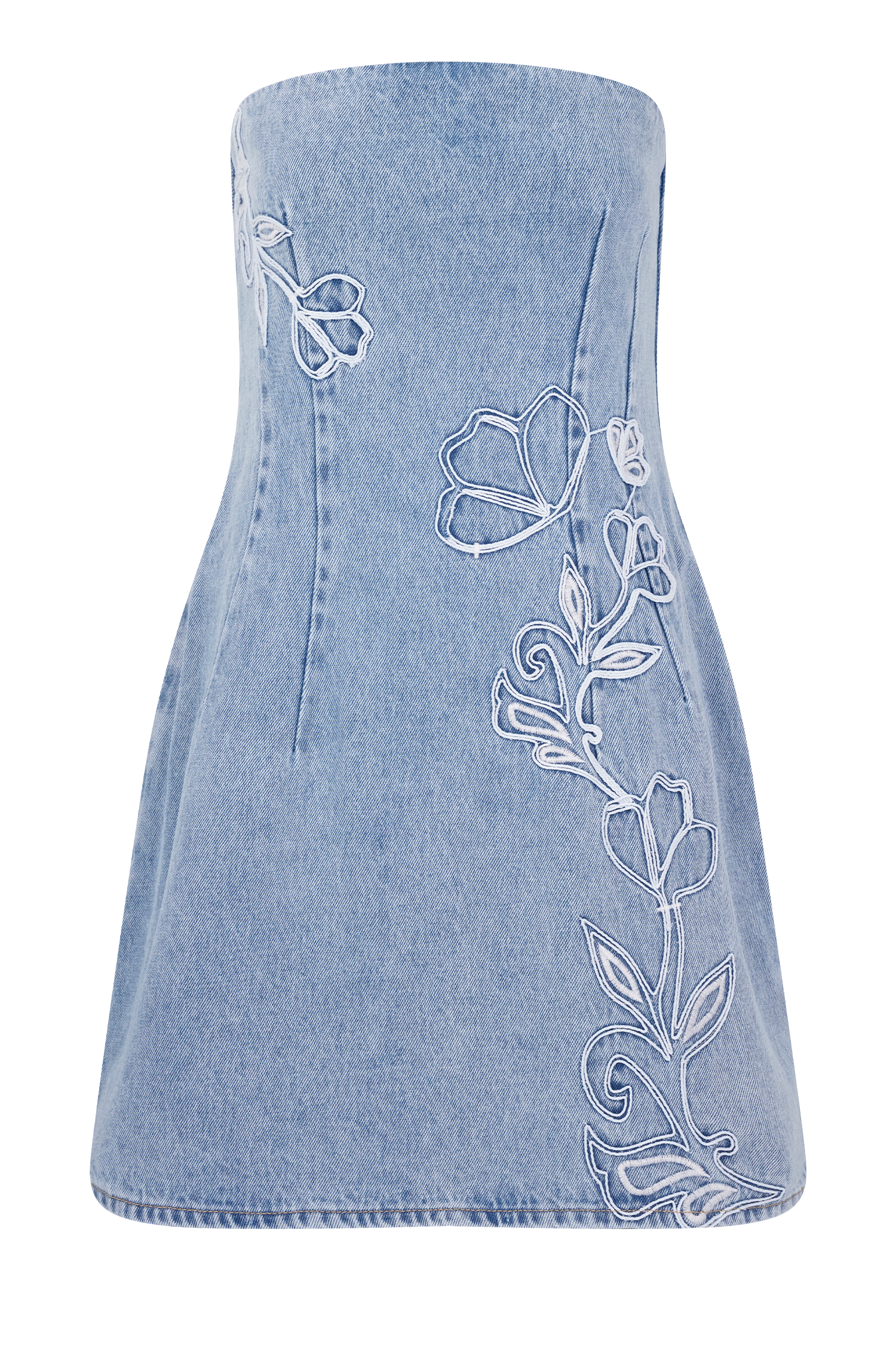 Akira Embroidered Denim Mini Dress - Mid Blue Akira Embroidered Denim Mini Dress - Mid Blue