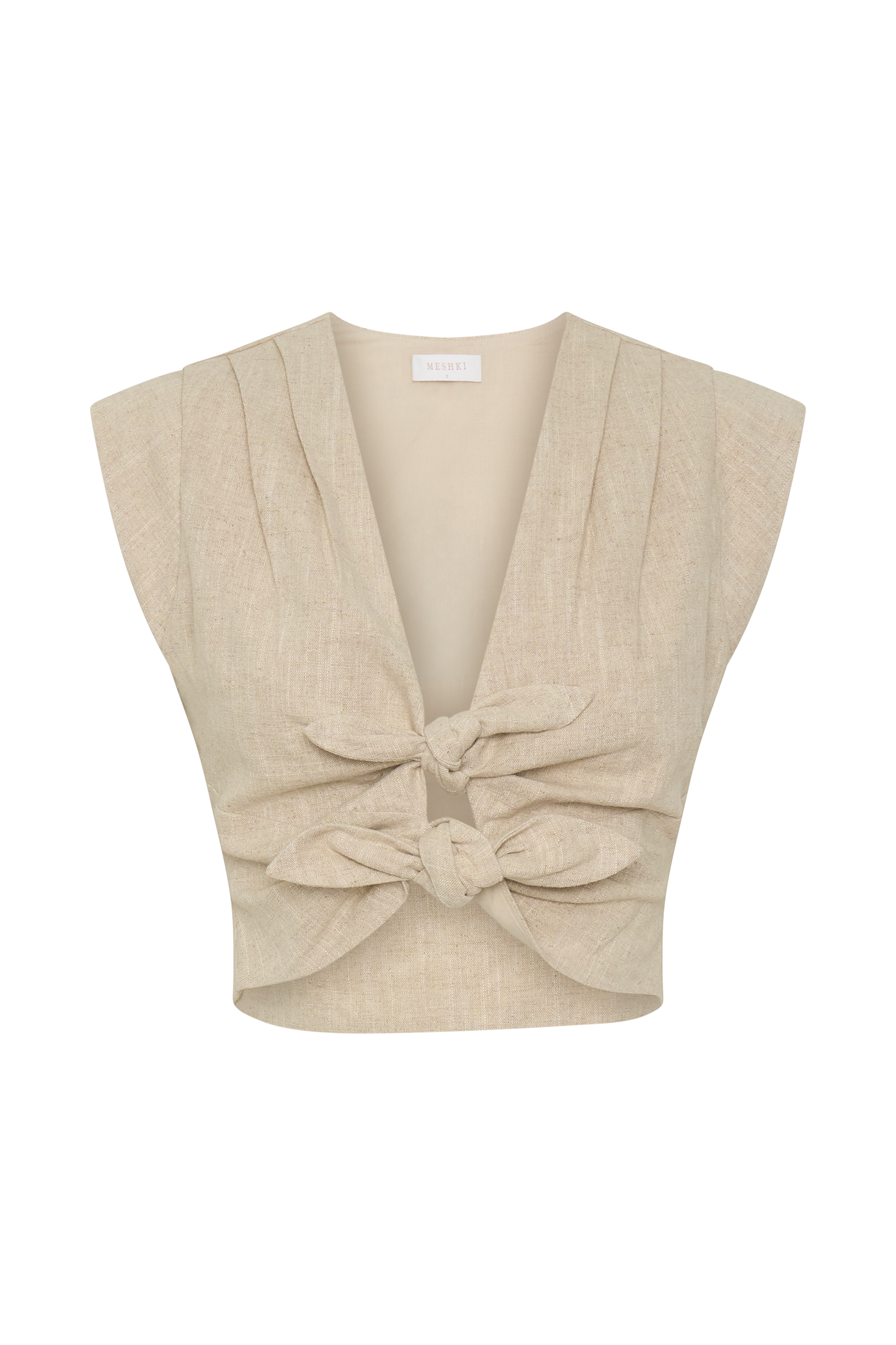 Anahita Linen Front Bows Short Sleeve Top - Natural