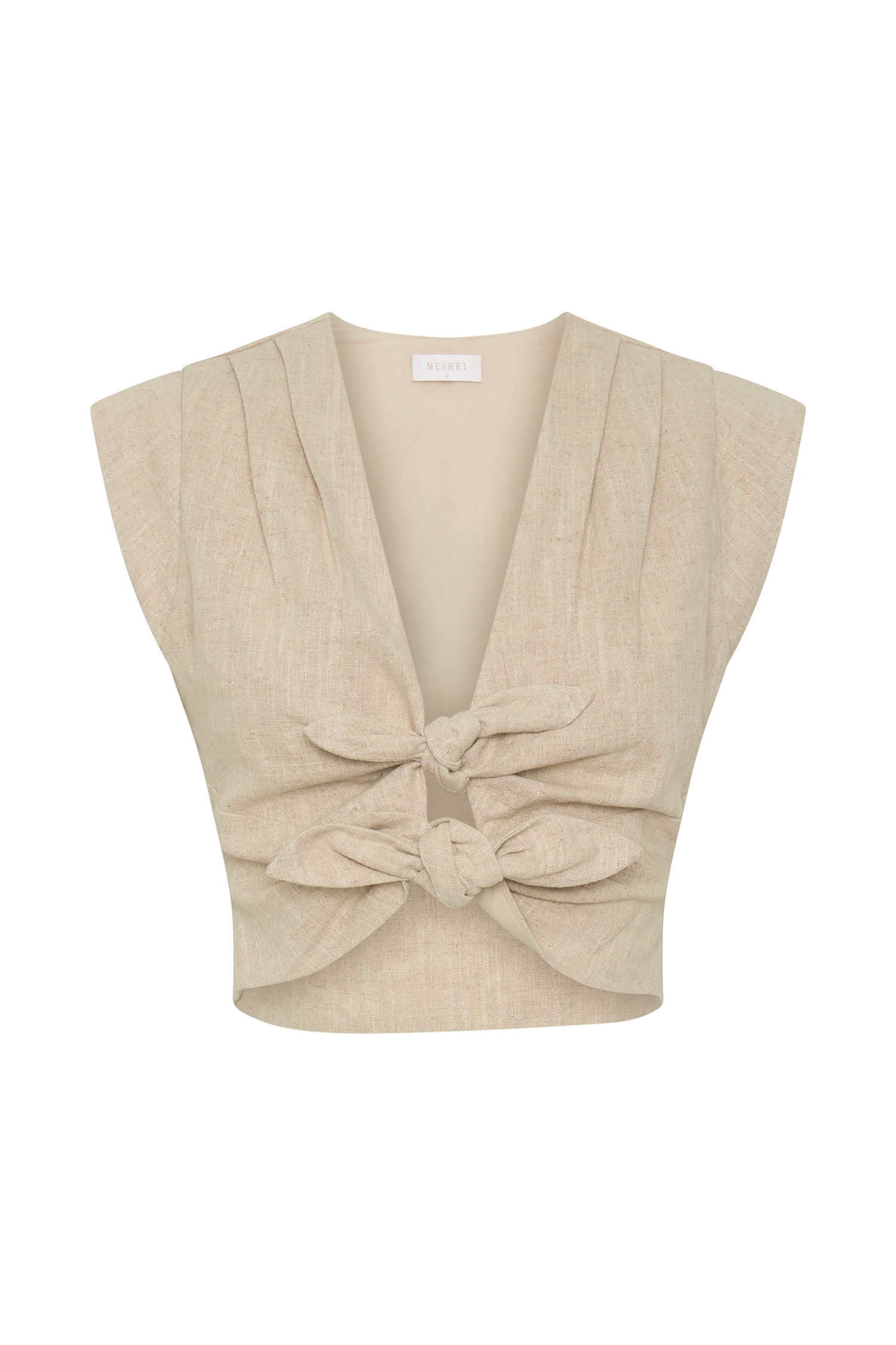 Anahita Linen Front Bows Short Sleeve Top - Natural #11