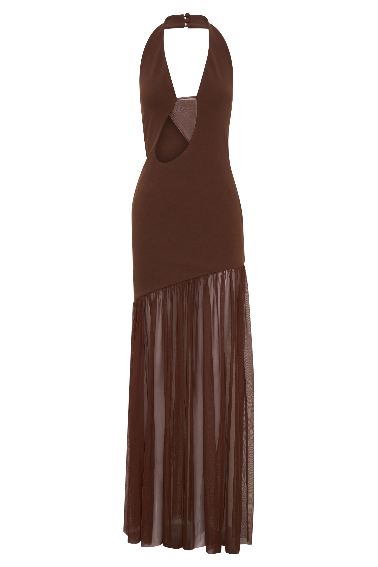 breanna mesh illusion crepe party dress Aubree Crepe And Mesh Maxi Dress - Chocolate/Mocha