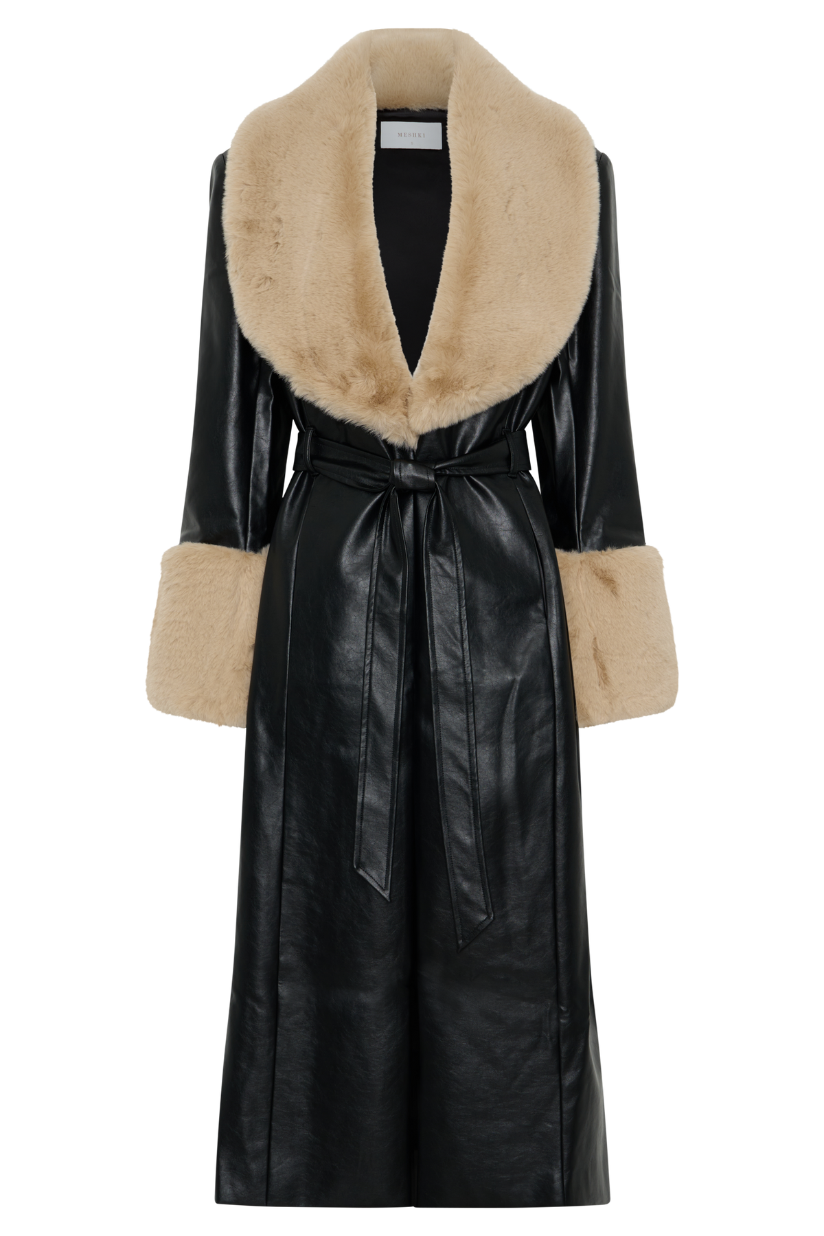 Bec Faux Leather Trench Coat With Faux Fur - Black/Beige