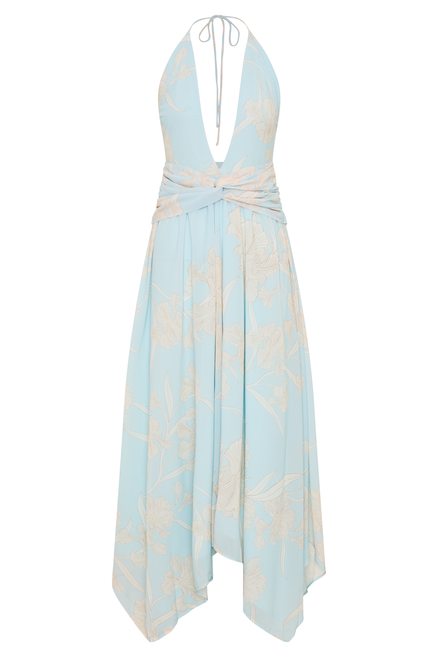 Cyra Plunge Chiffon Midi Dress - Blue Floral Print #7