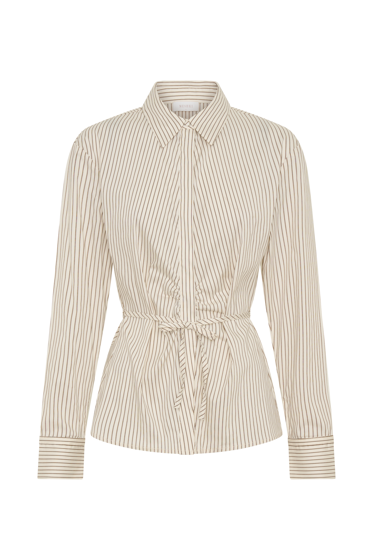 Millie Tie Back Cotton Shirt - Beige Pinstripe #11