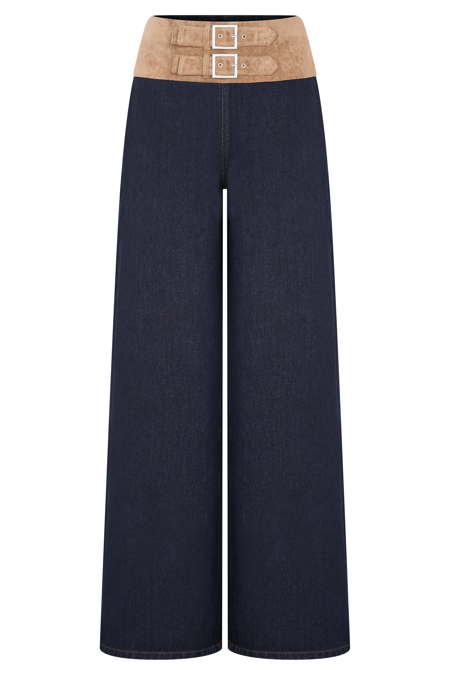 Miranda Faux Suede Belted Denim Wide Leg Jeans Indigo Blue MESHKI
