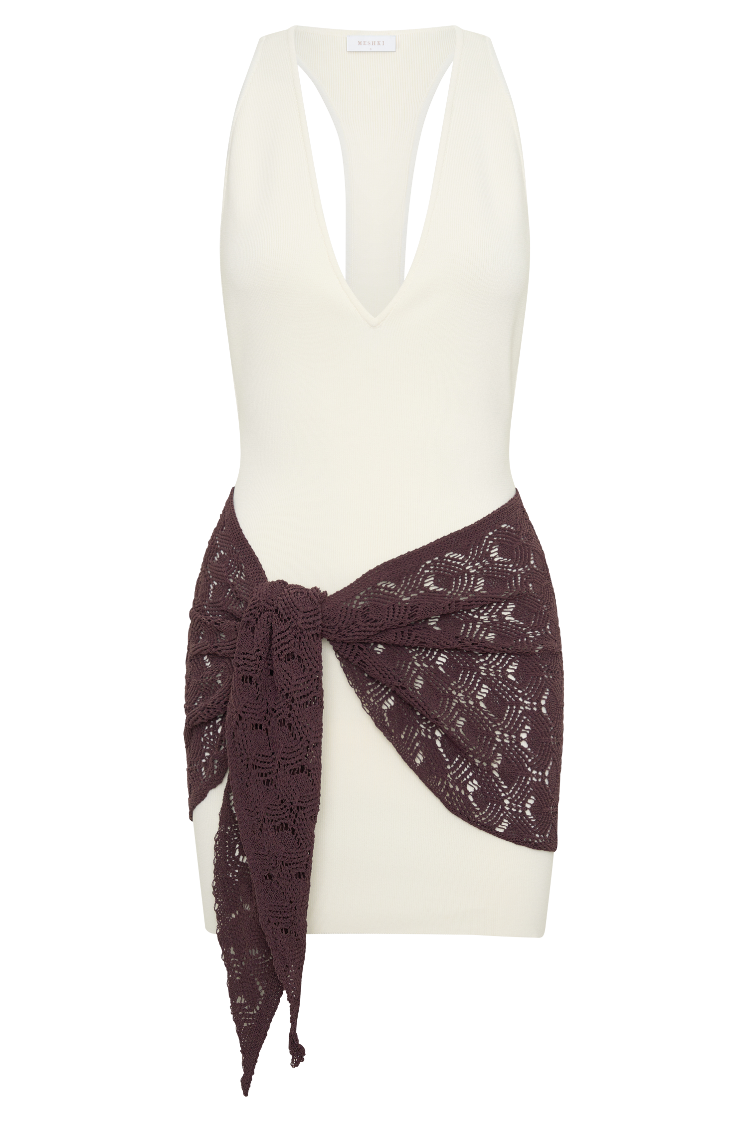Mollie Mini Dress With Crochet Overlay - White/Chocolate #7