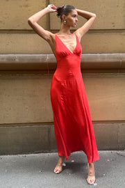Kamala Low Back Satin Maxi Dress - Red