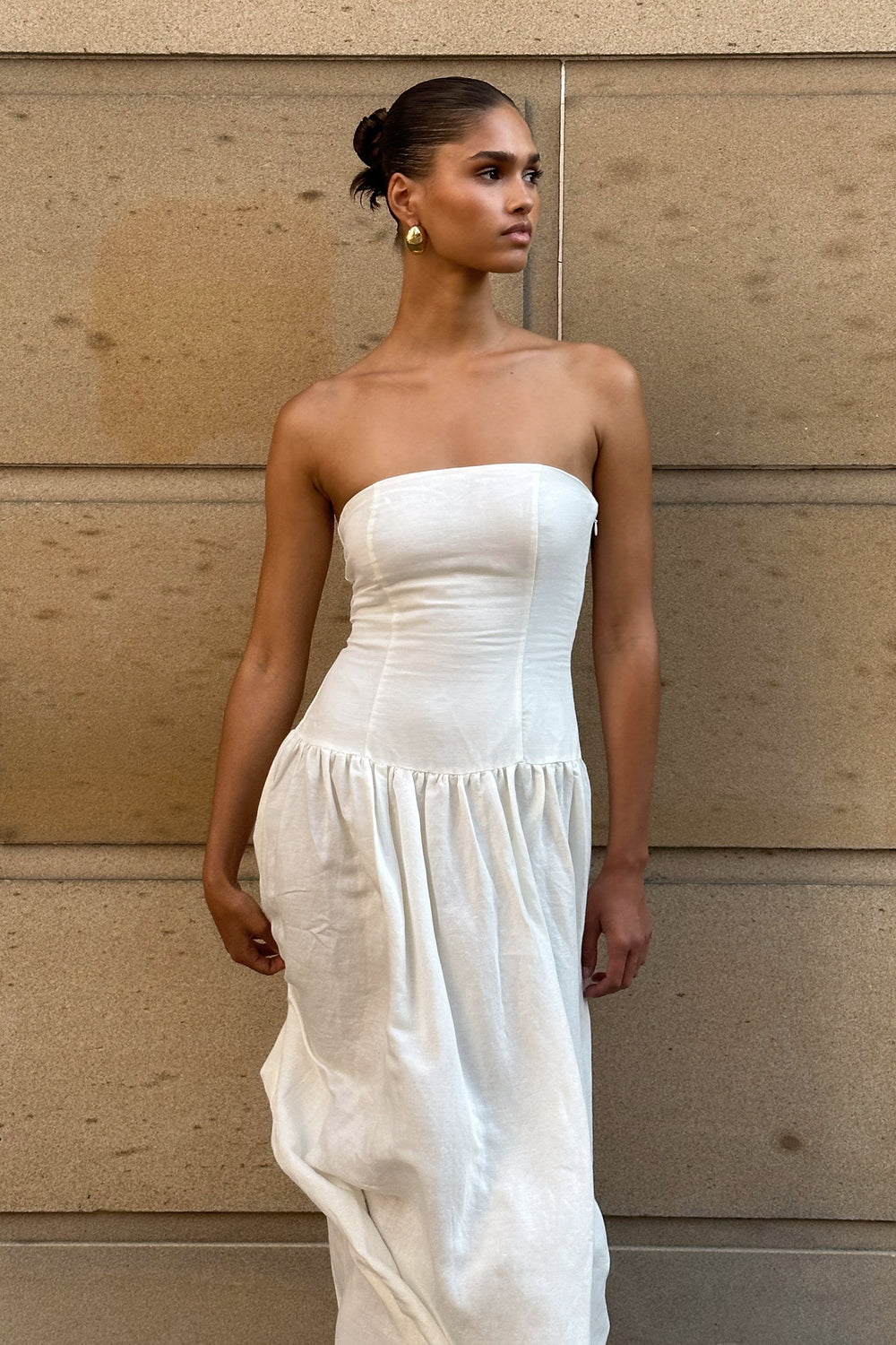 Audrina Strapless Linen Maxi Dress - White