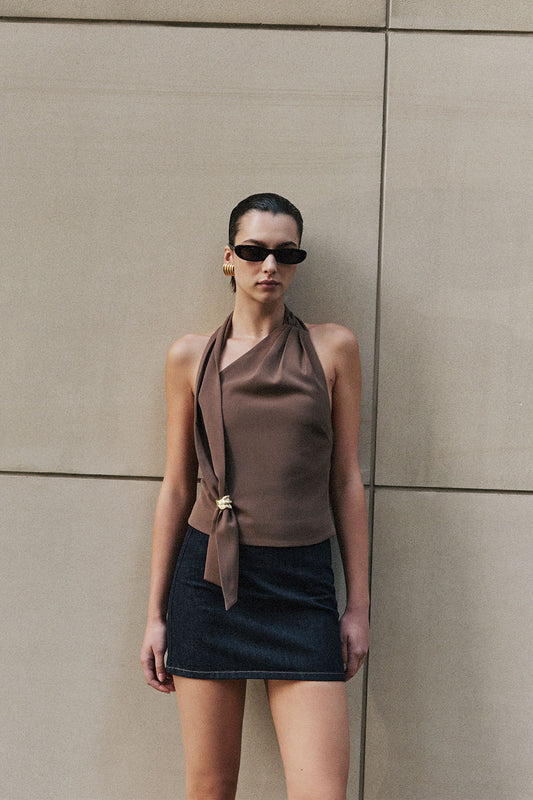 Marina Halter Top With Hardware - Cacao Brown