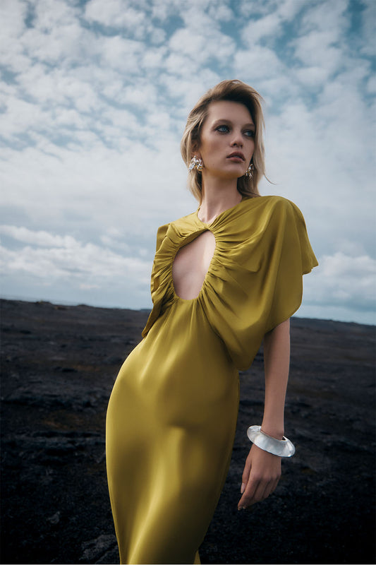 Mona Cut Out Satin Midi Dress - Chartreuse