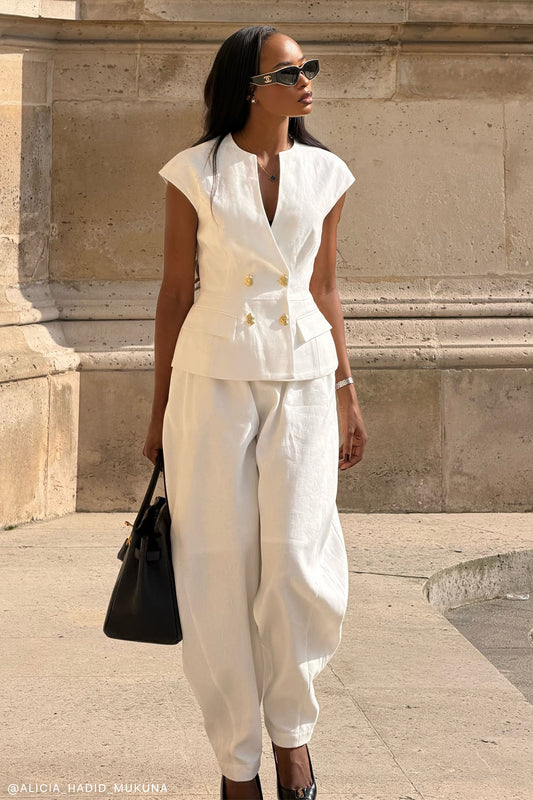 Oriana Linen Button Vest - White