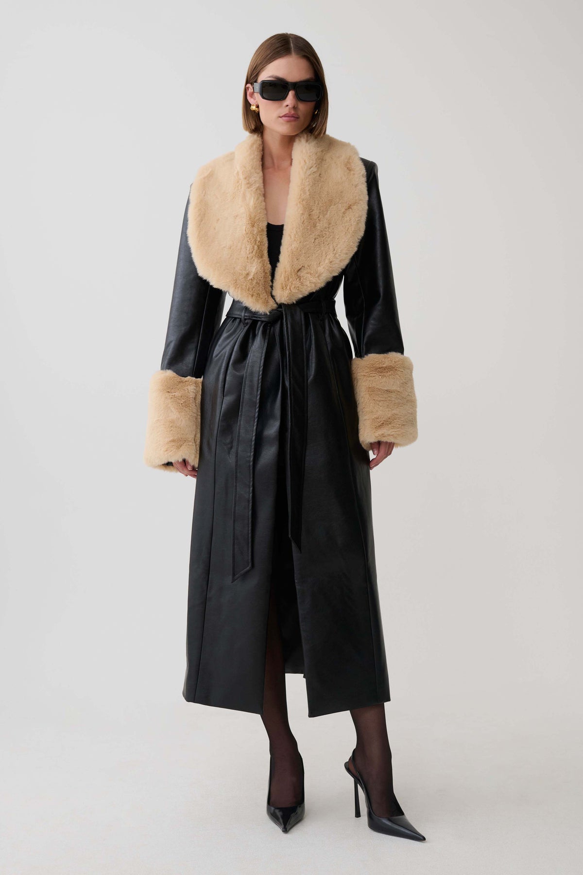 Bec Faux Leather Trench Coat With Faux Fur - Black/Beige #2
