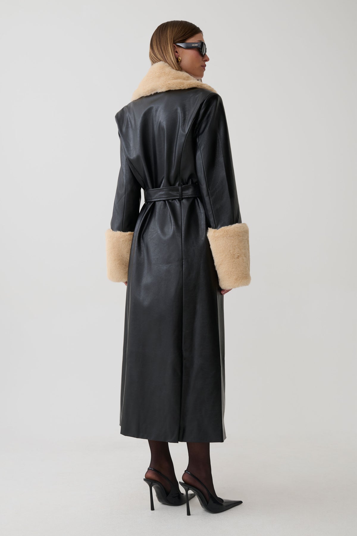 Bec Faux Leather Trench Coat With Faux Fur - Black/Beige #4