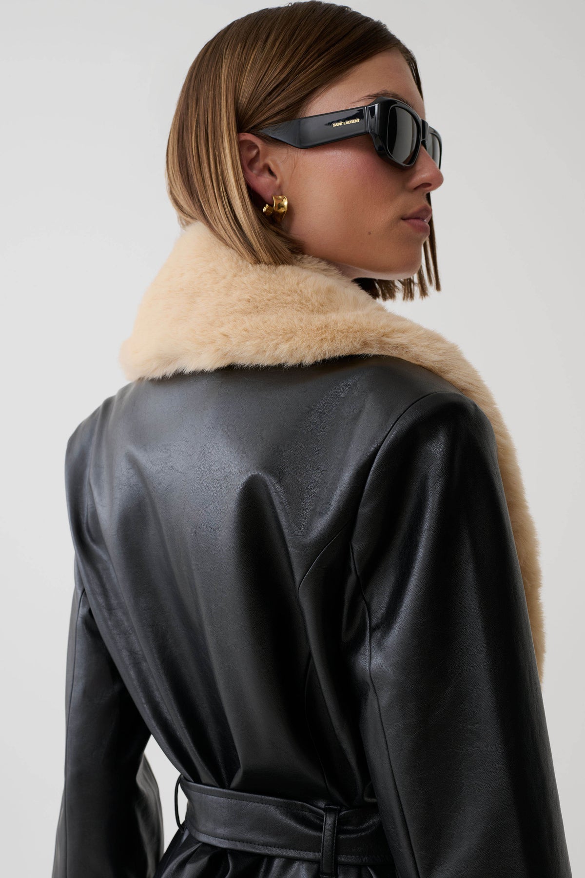 Bec Faux Leather Trench Coat With Faux Fur - Black/Beige #3