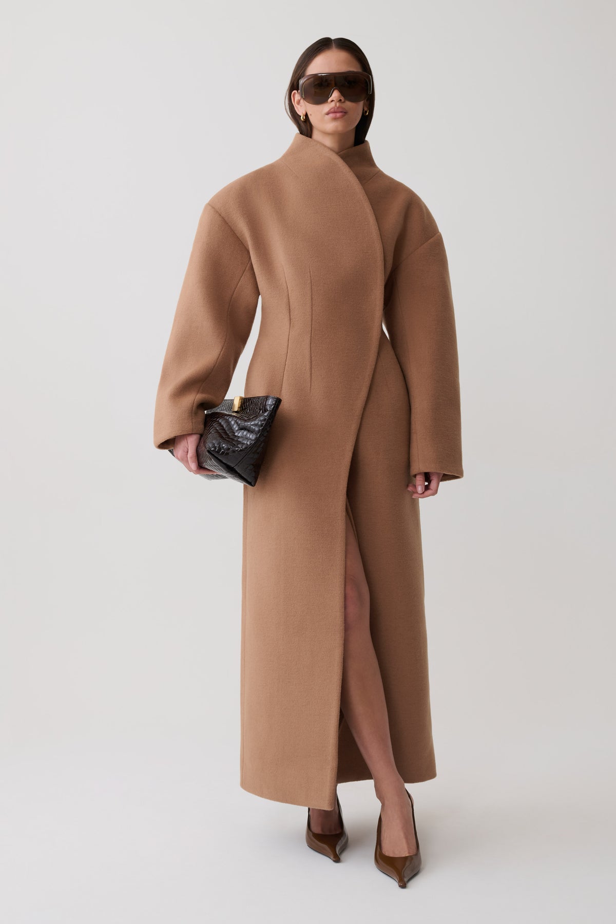 Andrea High Neck Wool Blend Coat - Camel #3