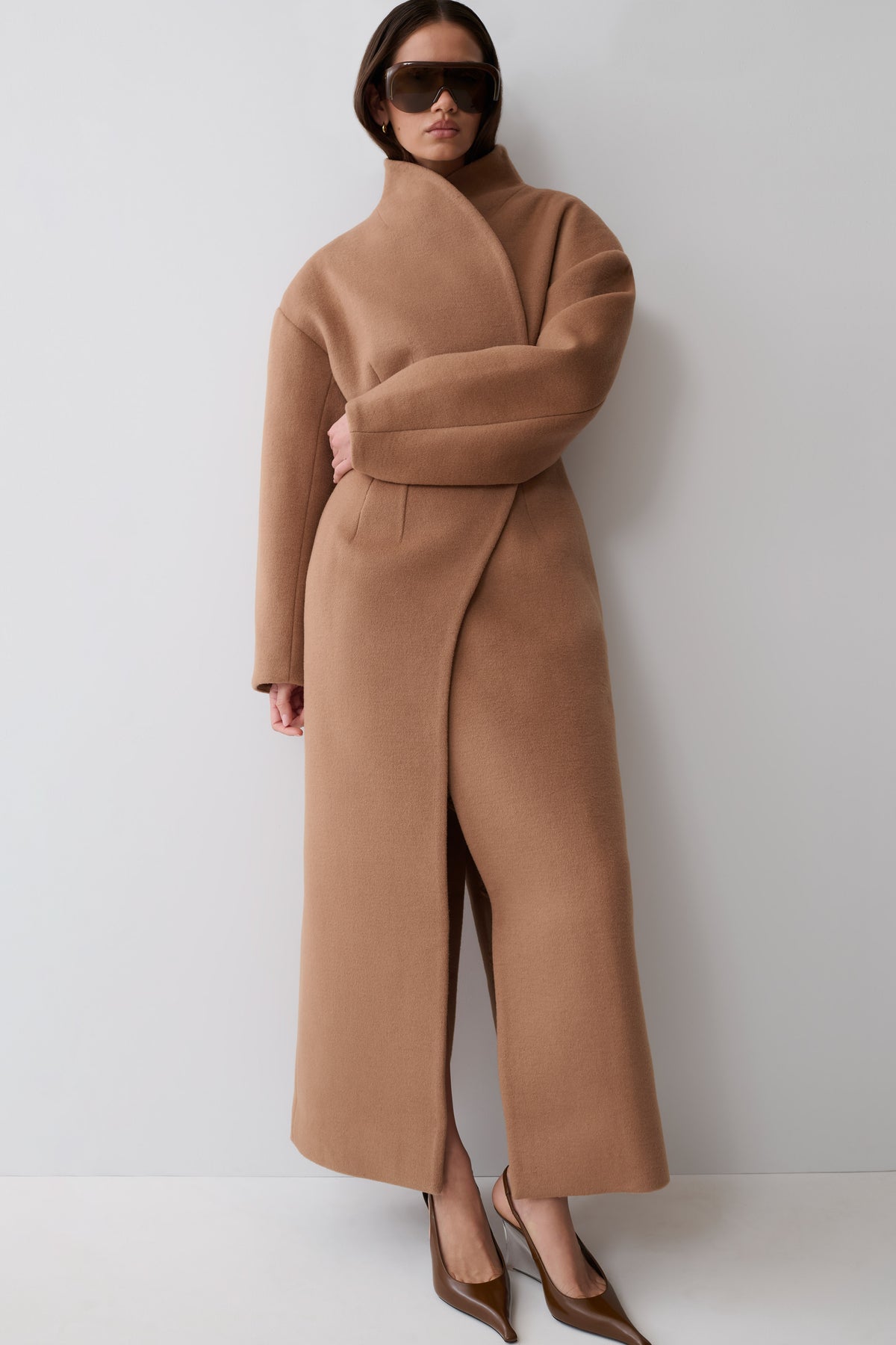 Andrea High Neck Wool Blend Coat - Camel