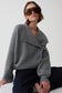 A woman wearing a gray knit wrap cardigan and dark sunglasses, seated against a plain light background.