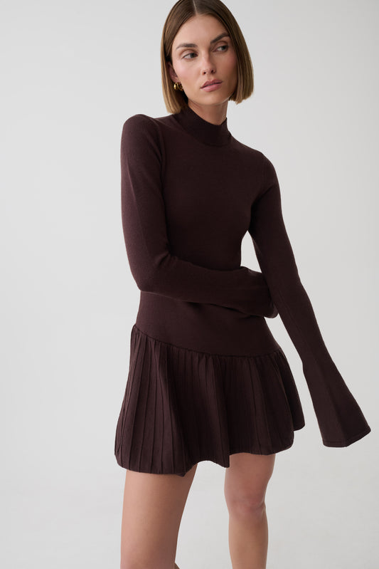 Blair Knit Mini Dress With Pleats - Chocolate