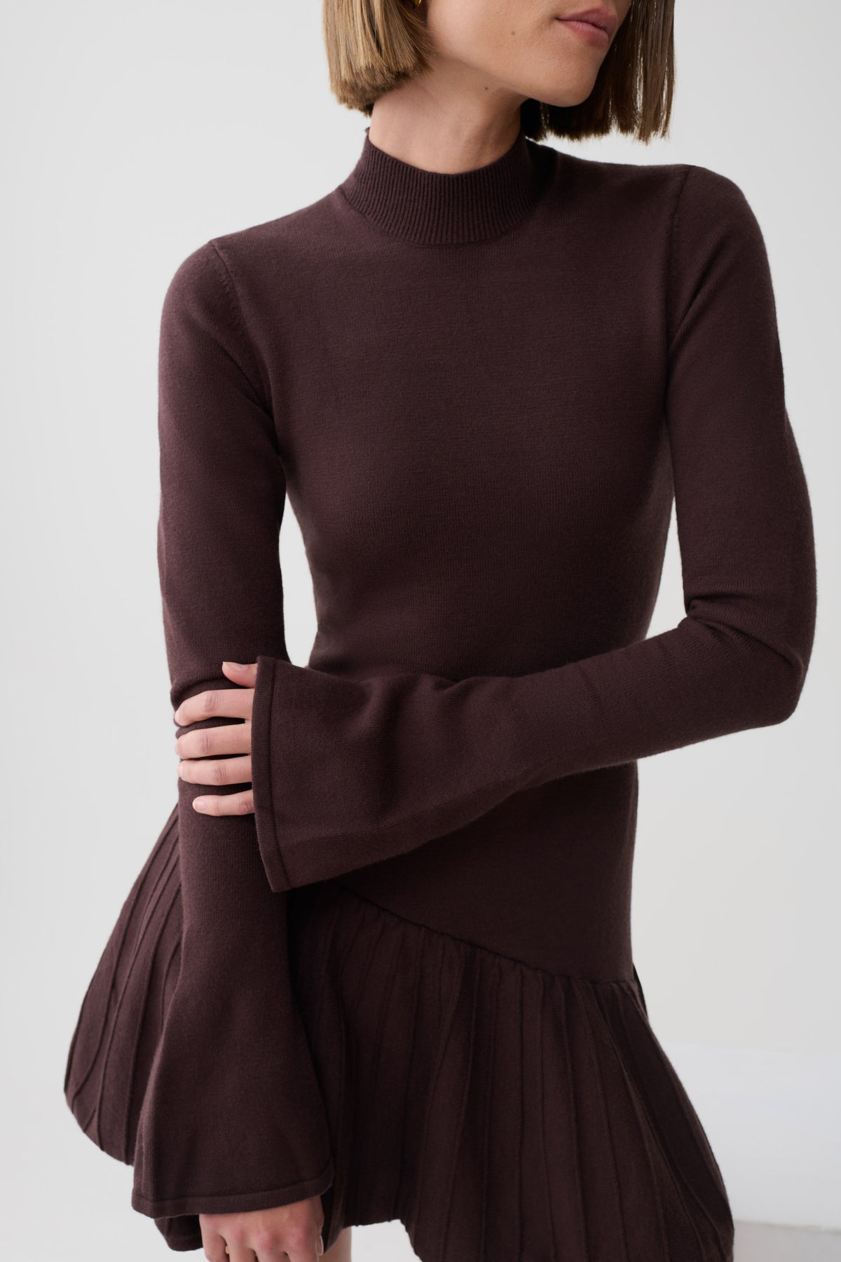 Blair Knit Mini Dress With Pleats - Chocolate