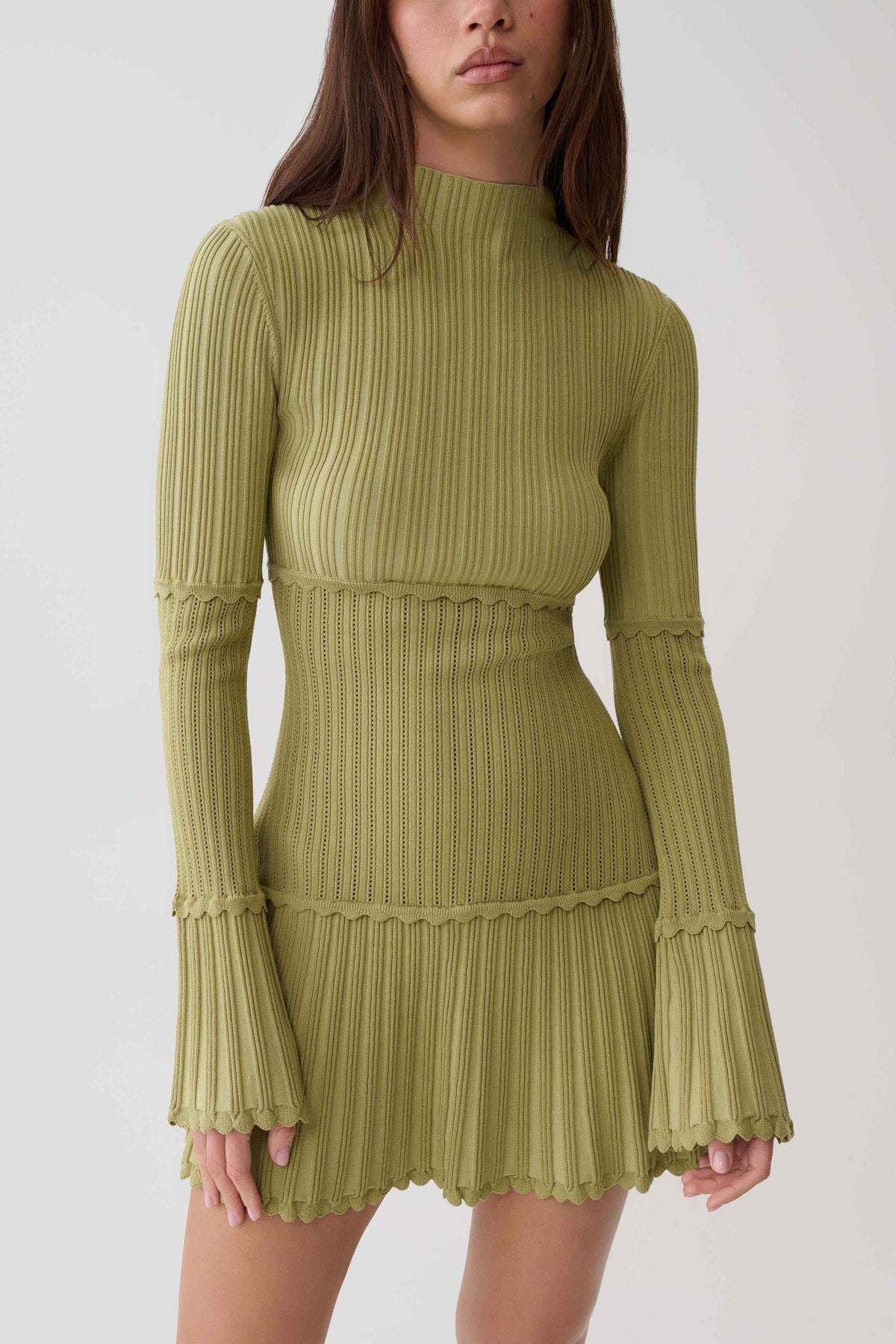 Adena Pointelle Knit Mini Dress - Olive