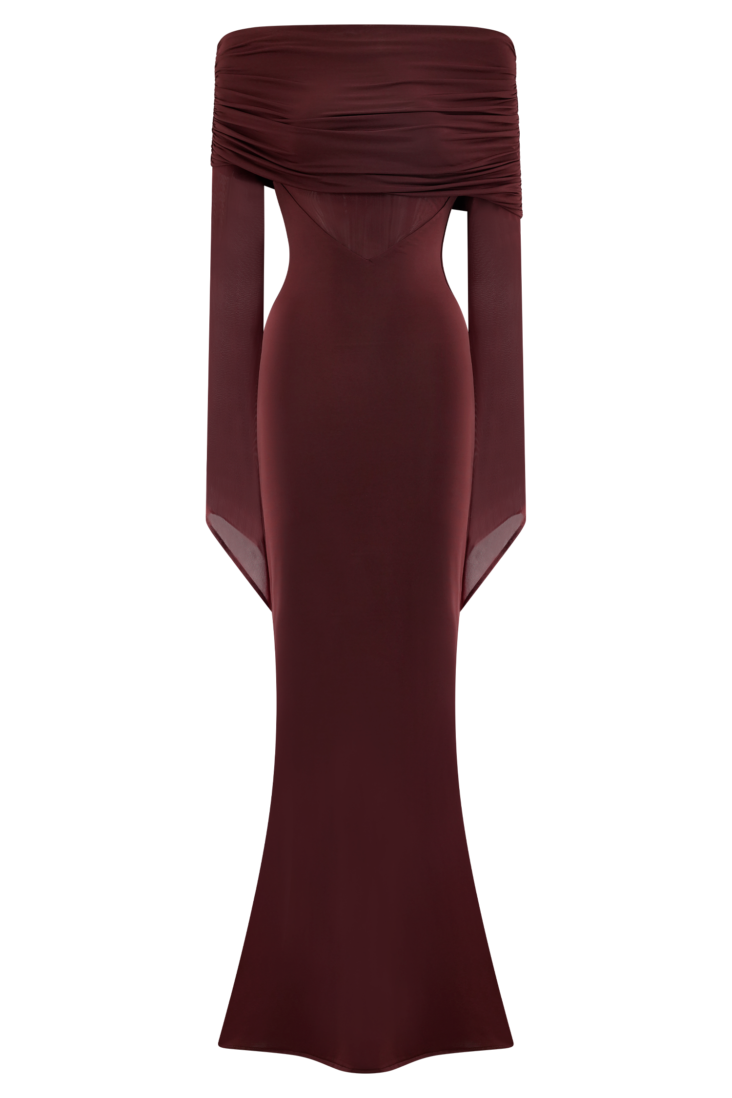 Kaitlin One Shoulder Slinky And Mesh Maxi Dress - Burgundy | MESHKI Kaitlin One Shoulder Slinky And Mesh Maxi Dress - Burgundy | MESHKI