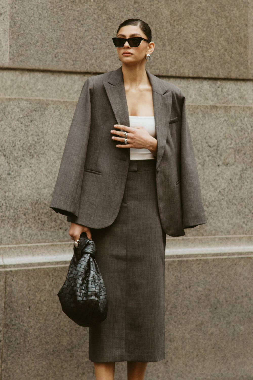 Marcie Textured Suiting Midi Skirt - Charcoal