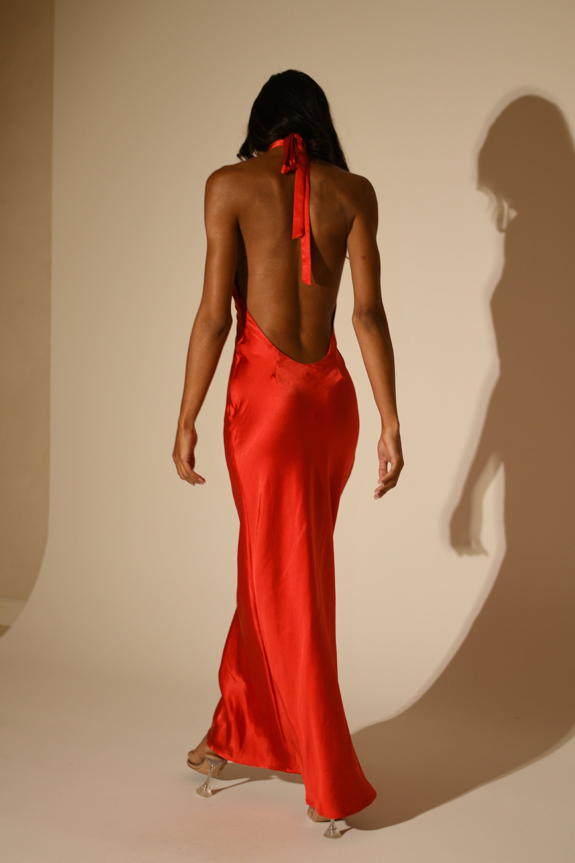 Marvelle Satin Halter Maxi Dress - Vermilion Red #2