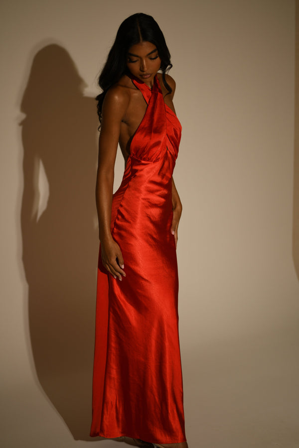 Marvelle Satin Halter Maxi Dress - Vermilion Red