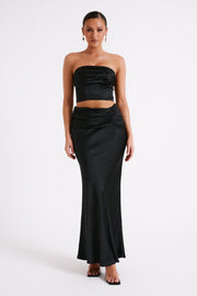 Khalani Ruched Strapless Satin Top - Black