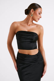 Khalani Ruched Strapless Satin Top - Black