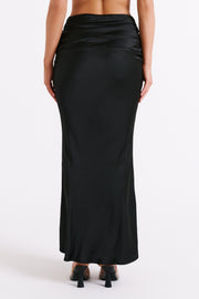 Khalani Ruched Satin Maxi Skirt - Black