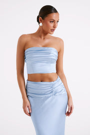 Khalani Ruched Strapless Satin Top - Ice Blue