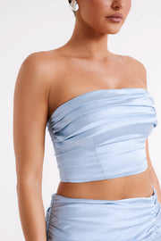 Khalani Ruched Strapless Satin Top - Ice Blue