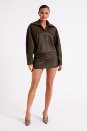 Mica Cropped Vintage Faux Leather Jacket - Vintage Chocolate