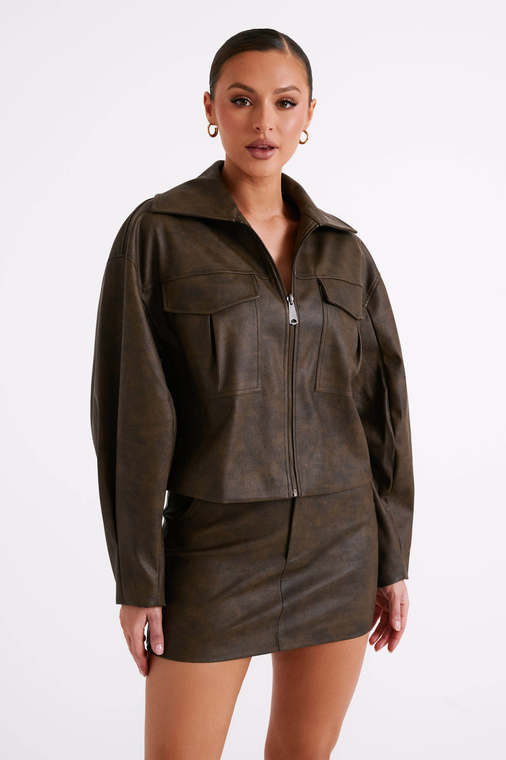 Mica Cropped Vintage Faux Leather Jacket - Vintage Chocolate